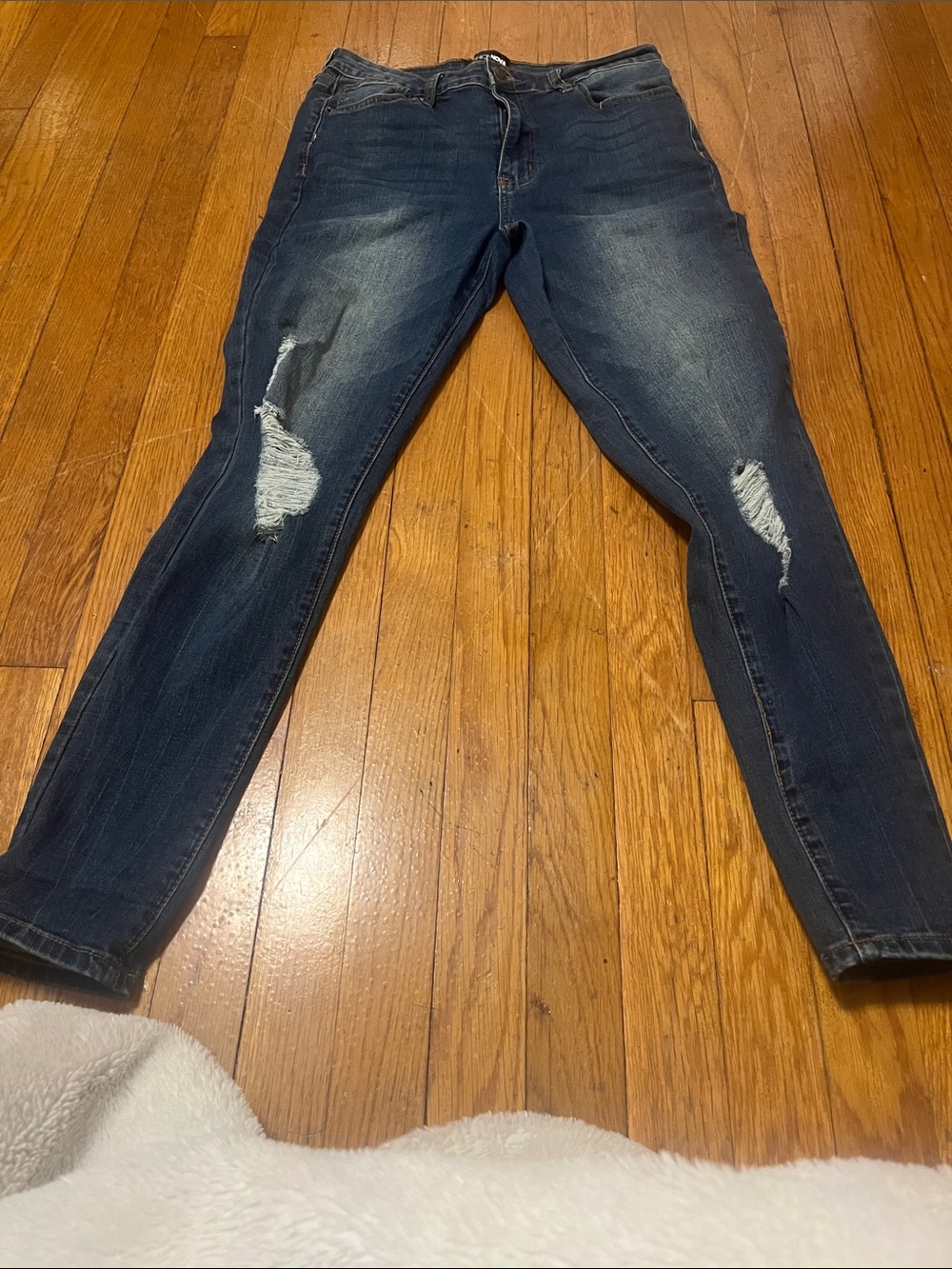Fashion Nova Dark Blue Distressed Straight Leg Jeans